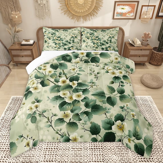 Manfei Girls Chic Floral Blossoms 3 Pieces Queen Comforter Set,Spring Graden Ultra Soft Bedding Sets,Green White Bedding Comforter Set,Breathable Home Decor