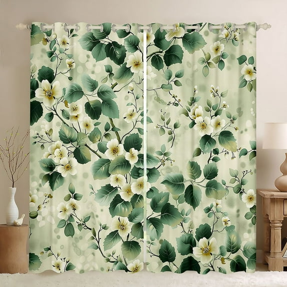 Manfei Girls Chic Floral Blossoms Black Out Curtains,Spring Graden Curtains Pack of 2 (42x63 Each),Green White Bedroom Curtains,Breathable Home Decor