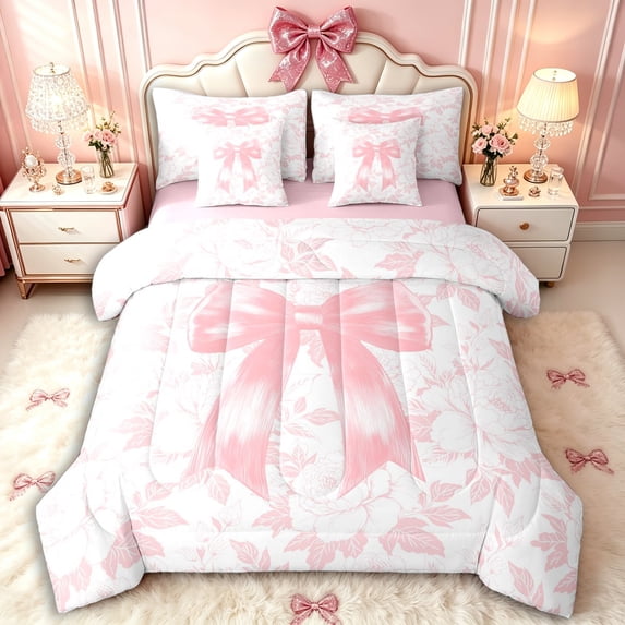 Manfei Girls Chic Floral Bow Bedding Comforter Set 7pcs,Spring Garden Flowers Queen Bedding Sets,Pink Reversible