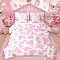 Manfei Girls Cow Print 7-Piece Twin Bedding Sets, White Pink Abstract Bedding Comforter Set, Chic Fashion Reversible Sheet Sets, Luxury Bedroom Decor
