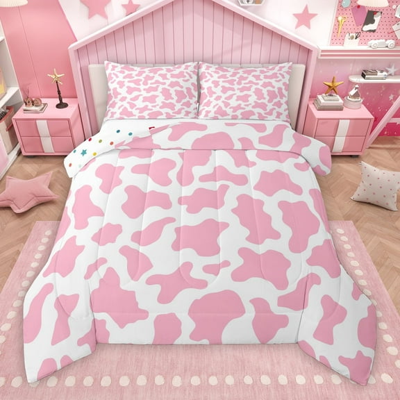 Manfei Girls Cow Print Bedding Comforter Set, White Pink Abstract Twin Comforter Sets, Chic Fashion Reversible Bedding Set, Luxury Bedroom Decor, 2pcs