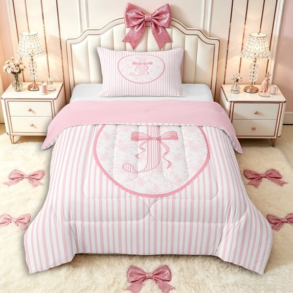 Manfei Girls Cute Bow Stripes Letter I Monogrammed Twin Comforter Sets 3-Piece,Kids Teens Romantic Flowers Bow Tie Bedding Set,Pink Reversible,Super Cozy Room Decor