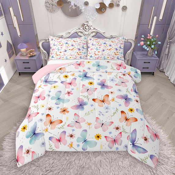 Manfei Girls Cute Butterfly Queen Comforter Set 3 Pieces, Spring Floral Flower Bedding Sets, Chic Wildlife Bedding Comforter Set, Super Cozy Room Decor