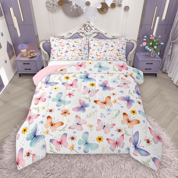 Manfei Girls Cute Butterfly Queen Comforter Set 3 Pieces, Spring Floral Flower Bedding Sets, Chic Wildlife Bedding Comforter Set, Super Cozy Room Decor