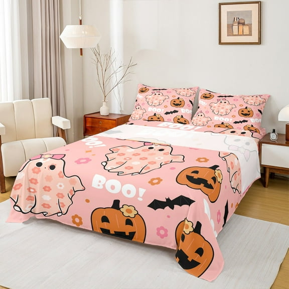 Manfei Girls Cute Spooky Animal Twin Sheet Sets 3 Pieces, Halloween Pumpkin Lantern Twin Fitted Sheet, Pink Floral Bowknot Flat Sheet, Ultra Soft Bedroom Decor