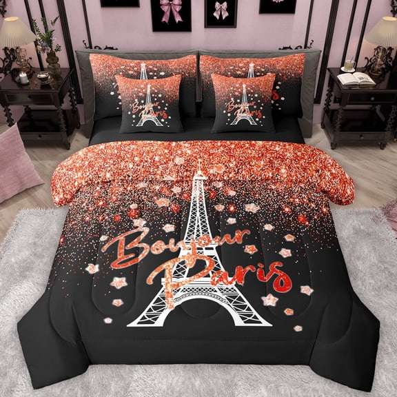 Manfei Girls Eiffel Tower Bedding Comforter Set 7pcs, Romantic Paris King Bedding Sets, Glitter Dreamy Stars Reversible Bed Sheets, Orange Super Cozy Room Decor