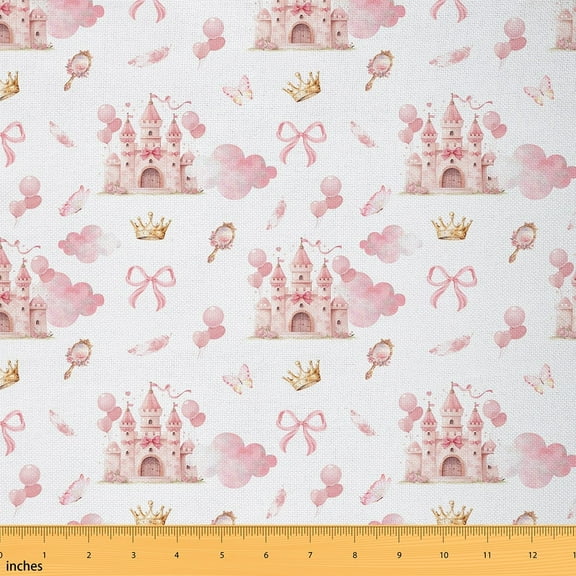 Manfei Girls Fairy Castle Fabric by the Yard (3 Yards), Princess Crown Decorative Fabric by the Yard, Cute Pink Bow DIY Fabric
