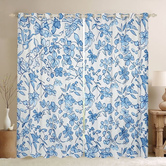 Manfei Girls Female Chic Floral Leaves Blackout Curtains Set of 2 (52x84 Each),Botanical Plants Window Curtains,Blue White Curtains and Drapes,Lightweight Room Decor
