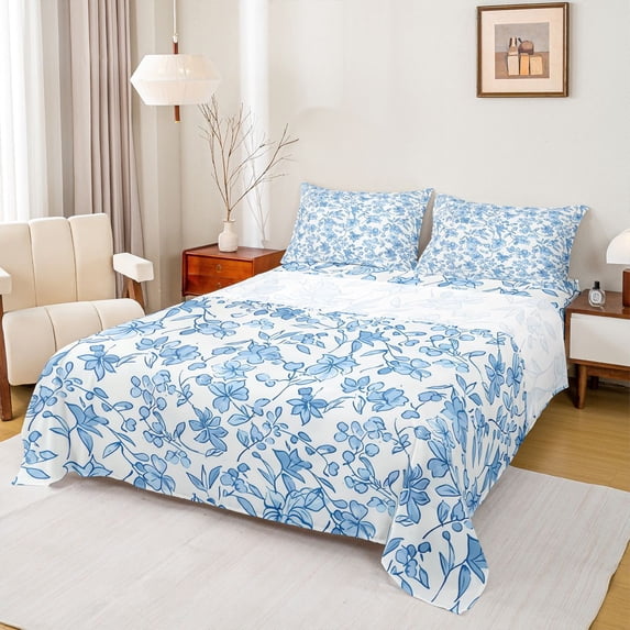Manfei Girls Female Chic Floral Leaves Twin Sheet Sets 3pcs,Botanical Plants Twin Fitted Sheet Microfiber,Blue White Breathable Flat Sheet,Lightweight Room Decor