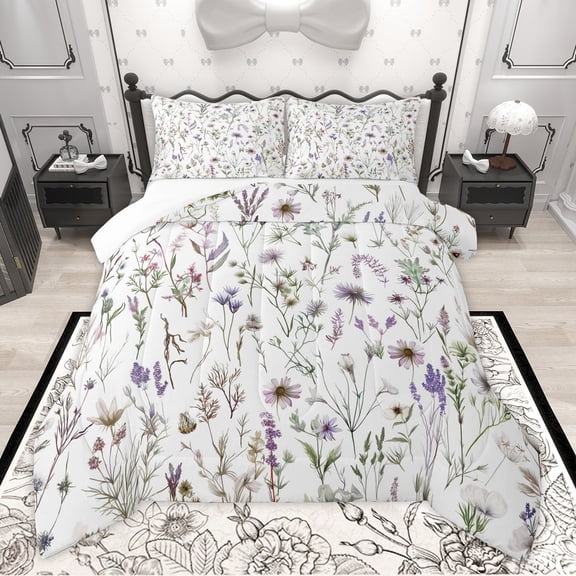 Manfei Girls Floral Blossoms 3 Pieces Queen Comforter Set,Spring Graden Ultra Soft Bedding Sets,Botanical Plants Bedding Comforter Set,Breathable Home Decor