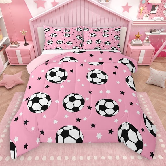 Manfei Girls Football Soccer Bedding Comforter Set,Ball Sport Theme Twin Comforter Sets,Pink White Black Bedding Set For Kids Boy,Microfiber Bedroom Decor Reversible,2-Piece