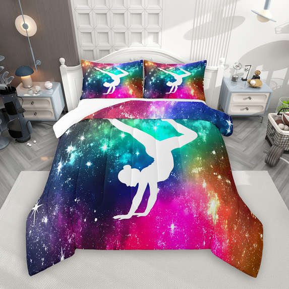 Manfei Girls Gymnastics Queen Comforter Set 3 Pieces, Gymnast Sport Bedding Sets, Rainbow Galaxy Bedding Comforter Set, Luxury Bedroom Decor