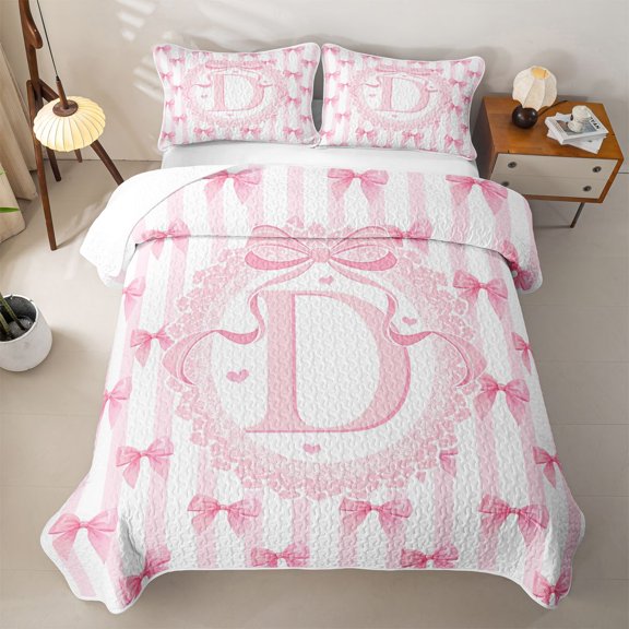 Manfei Girls Kawaii Bow Knot D Personalized Initial Quilt Full,Teens Women Cute Ribbon Bow Tie Stripes Full Bedspread Sets