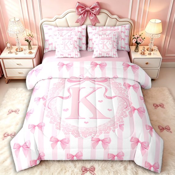 Manfei Girls Kawaii Bow Knot K Personalized Initial Twin Bedding Sets 7-Piece,Teens Women Cute Ribbon Bow Tie Stripes Bedding Comforter Set,Pink Reversible,Lightweight Room Decor