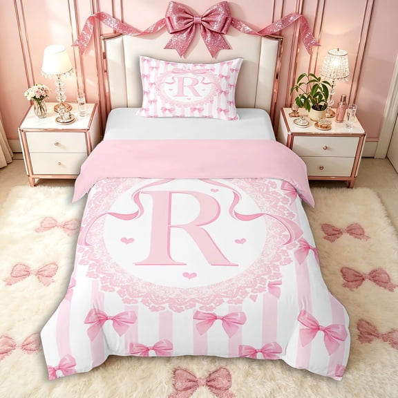 Manfei Girls Kawaii Bow Knot R Personalized Initial Twin Bedding,Teens Women Cute Ribbon Bow Tie Stripes Duvet Cover Set,Pink Reversible,Ultra Soft Home Decor,2pcs,No Comforter