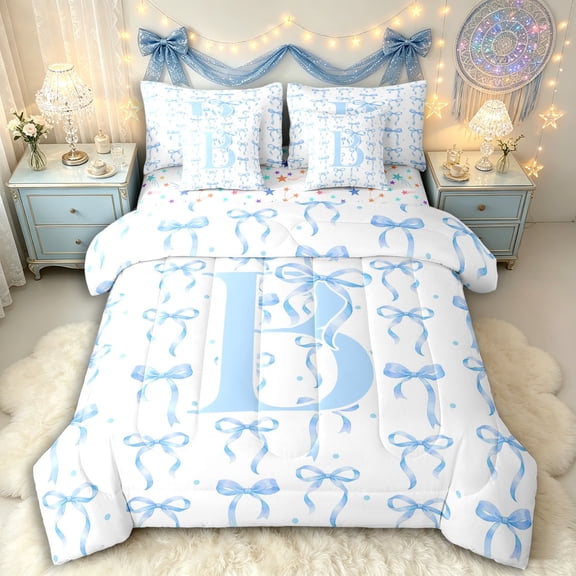 Manfei Girls Kawaii Bow Personalized Initial B Twin Bedding Sets 7-Piece,Vintage Blue Polka Dots Bedding Comforter Set for Kids Teens,Lightweight Room Decor