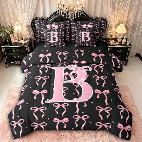 Manfei Girls Kawaii Bow Personalized Initial B Twin Bedding Sets 7-Piece,Vintage Polka Dots Bedding Comforter Set for Kids Teens,Black Reversible,Lightweight Room Decor