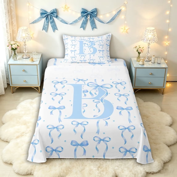 Manfei Girls Kawaii Bow Personalized Initial B Twin Sheet Sets 3pcs,Vintage Blue Polka Dots Bedding for Kids Teens,Lightweight Room Decor