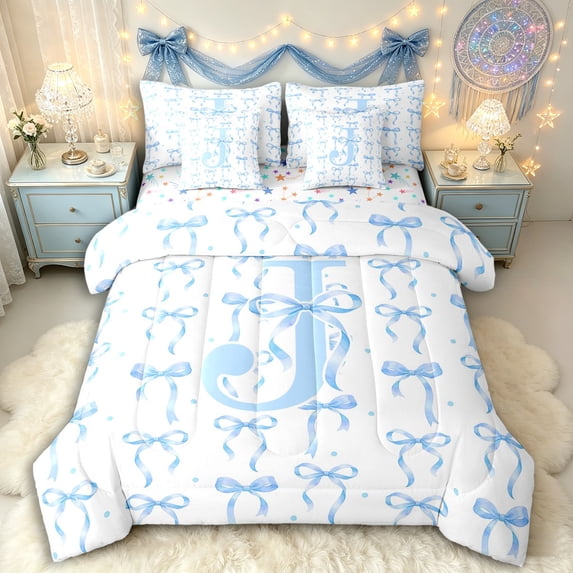 Manfei Girls Kawaii Bow Personalized Initial J Bedding Comforter Set 7-Piece,Vintage Blue Polka Dots King Bedding Sets for Kids Teens,Microfiber Bedroom Decor