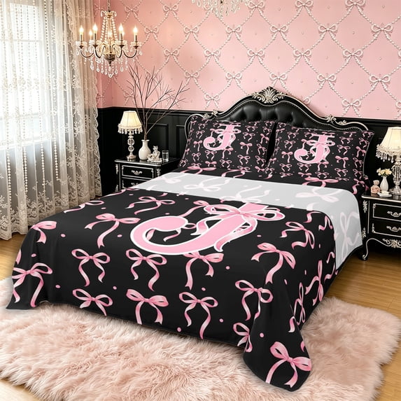 Manfei Girls Kawaii Bow Personalized Initial J Full Size Sheets 4-Piece,Vintage Polka Dots Bed Sheets for Kids Teens,Microfiber Bedroom Decor
