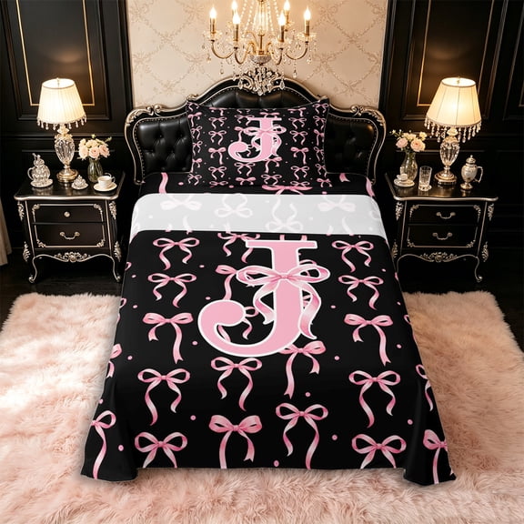 Manfei Girls Kawaii Bow Personalized Initial J Twin Sheet Sets 3pcs,Vintage Polka Dots Bedding for Kids Teens,Microfiber Bedroom Decor