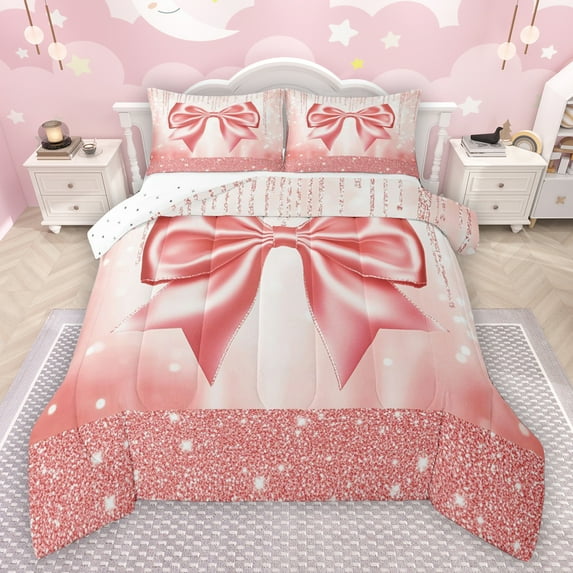 Manfei Girls Kawaii Bowknot Queen Comforter Set,Cartoon Bow Tie Bedding Sets,Pink Bling Print Bedding Comforter Set For Teens,Ultra Soft Home Decor Reversible,3-Piece