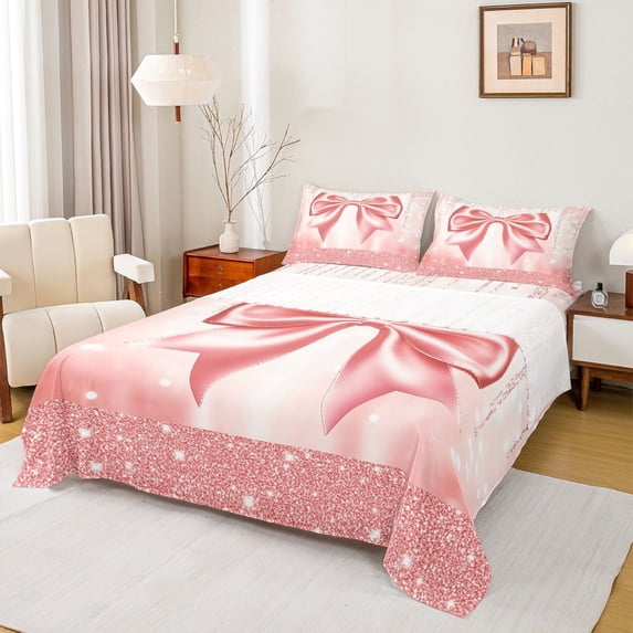 Manfei Girls Kawaii Bowknot Twin Sheet Sets,Cartoon Bow Tie Twin Fitted Sheet,Pink Bling Print Flat Sheet For Teens,Ultra Soft Home Decor,3 Pieces