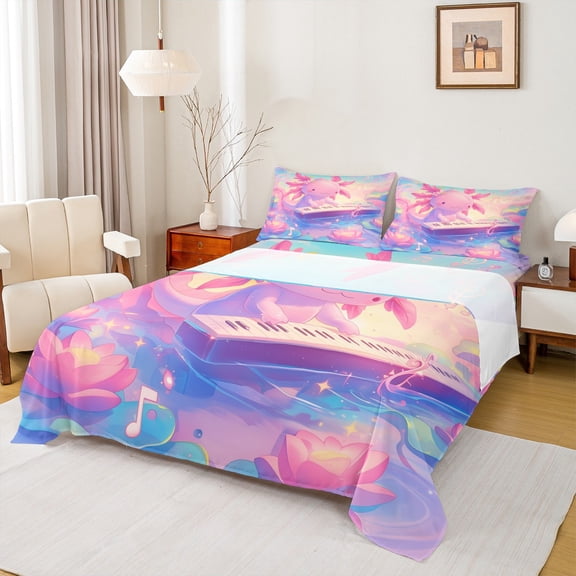 Manfei Girls Kawaii Cartoon Axolotl Bed Sheets, Dreamy Pink Lotus Floral King Sheets, Piano Music Melody Sheet Set, Lightweight Room Decor, 4 Pieces