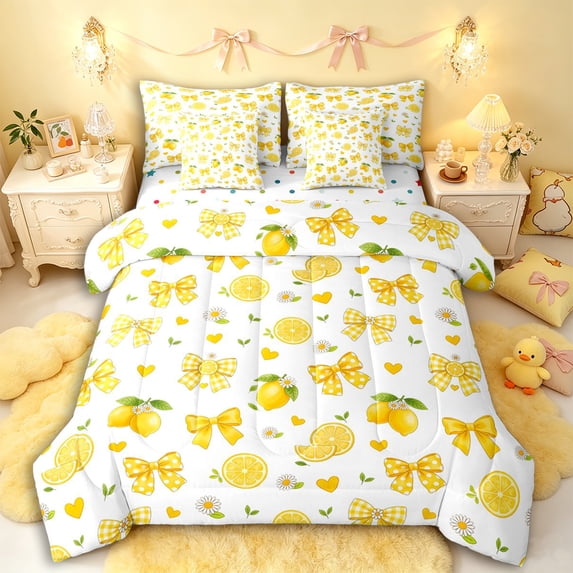 Manfei Girls Kawaii Lemon Bow Twin Bedding Sets 7-Piece,Kids Teens Cute Fruit Flowers Plaid Bowknot Bedding Comforter Set,Lightweight Room Decor