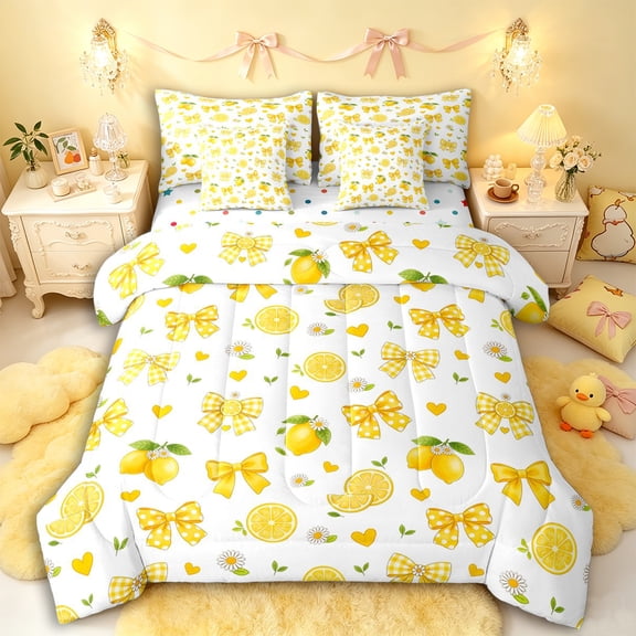 Manfei Girls Kawaii Lemon Bow Twin Bedding Sets 7-Piece,Kids Teens Cute Fruit Flowers Plaid Bowknot Bedding Comforter Set,Lightweight Room Decor