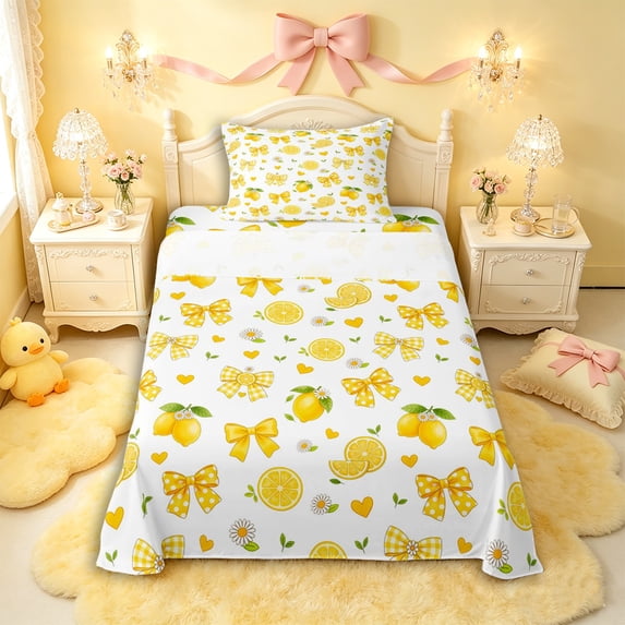 Manfei Girls Kawaii Lemon Bow Twin Sheet Sets 3pcs,Kids Teens Cute Fruit Flowers Plaid Bowknot Bedding,Lightweight Room Decor