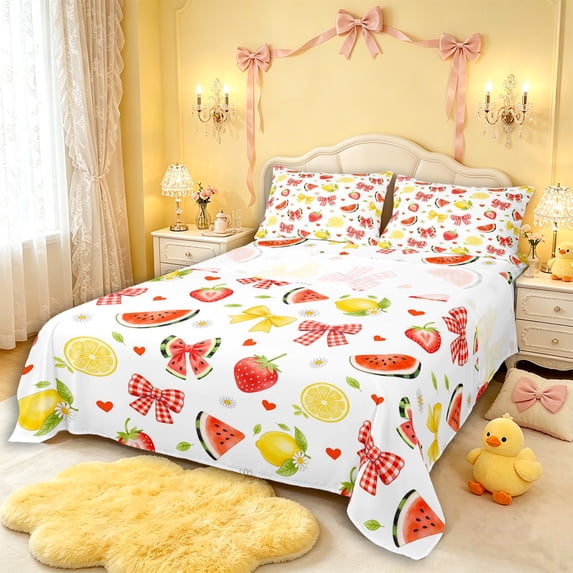 Manfei Girls Kawaii Red Watermelon Bow Bed Sheets 4pcs,Kids Teens Cute Fruit Lemon Strawberry King Sheets,Super Cozy Room Decor