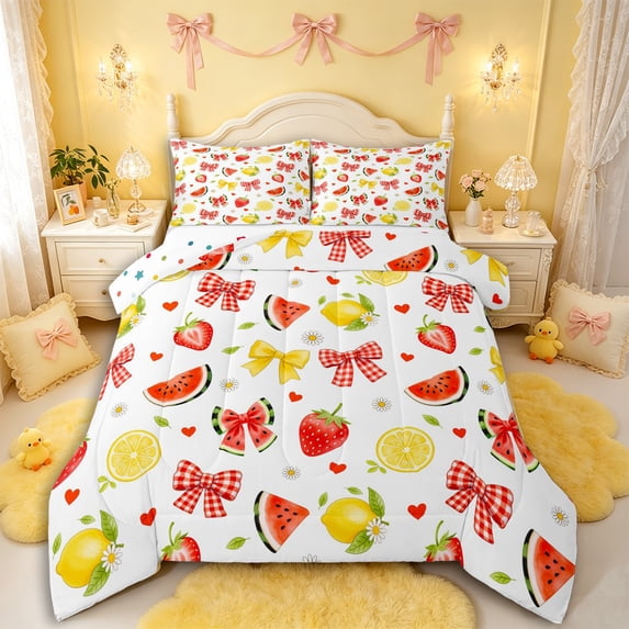 Manfei Girls Kawaii Red Watermelon Bow Queen Comforter Set 3pcs,Kids Teens Cute Fruit Lemon Strawberry Bedding Comforter Set,Super Cozy Room Decor
