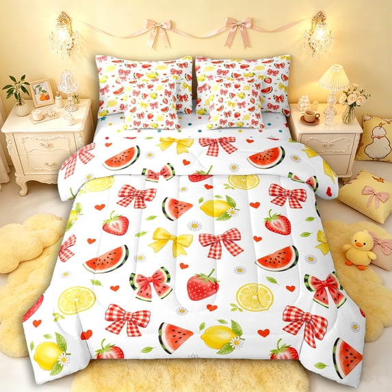 Manfei Girls Kawaii Red Watermelon Bow Twin Bedding Sets 7-Piece,Kids Teens Cute Fruit Lemon Strawberry Bedding Comforter Set,Super Cozy Room Decor
