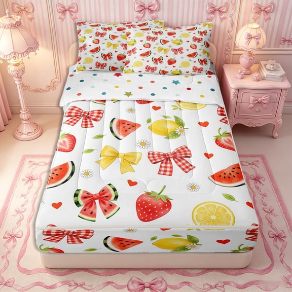 Manfei Girls Kawaii Red Watermelon Bow Zipper Full Size Comforter Sets with Fitted Sheet and 2 Pillowcases,Cute Fruit Lemon Strawberry Zipper Bedding Set,4pcs,Reversible