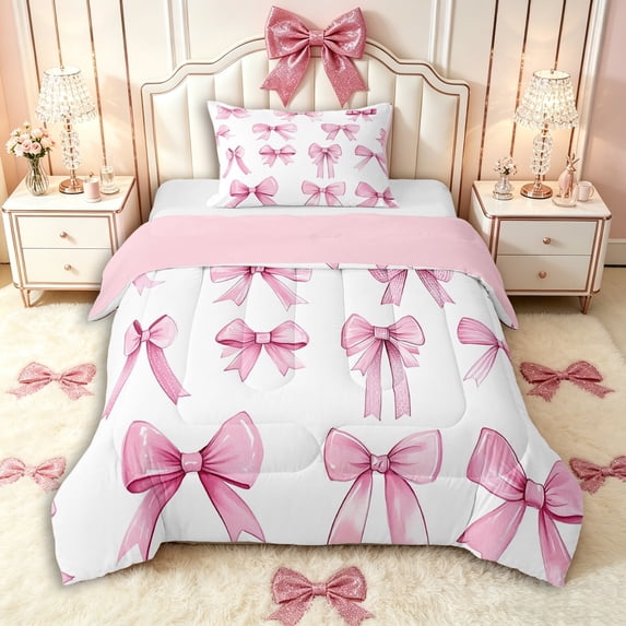 Manfei Girls Kawaii Ribbon Bow Twin Comforter Sets 3-Piece,Dreamy Princess Bowknot Bedding Set,Pink Reversible