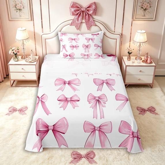 Manfei Girls Kawaii Ribbon Bow Twin Sheet Sets 3pcs,Kids Teens Dreamy Princess Bowknot Bedding,Microfiber Bedroom Decor
