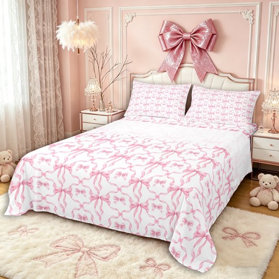 Manfei Girls Kawaii Ribbon Bowknot Bed Sheets 4pcs,Kids Teens Geometric Plaid King Sheets,Microfiber Bedroom Decor