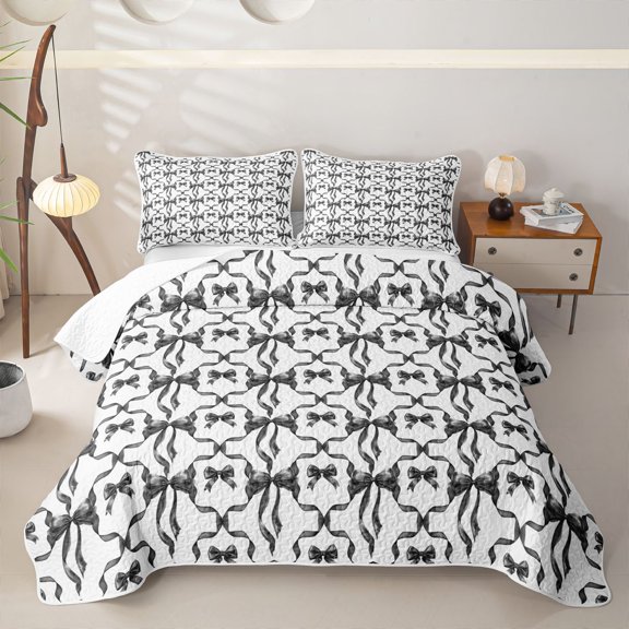 Manfei Girls Kawaii Ribbon Bowknot Bed Spread Queen,Teens Geometric Plaid Queen Coverlet Set