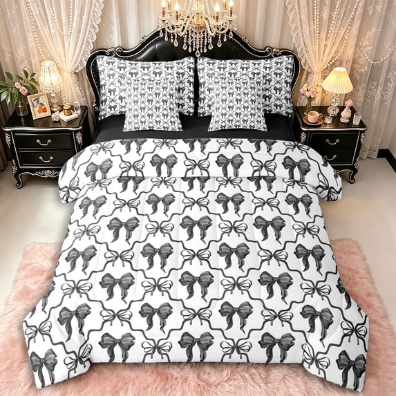 Manfei Girls Kawaii Ribbon Bowknot Bedding Comforter Set 7-Piece,Kids Teens Geometric Plaid King Bedding Sets,Black Reversible,Super Cozy Room Decor