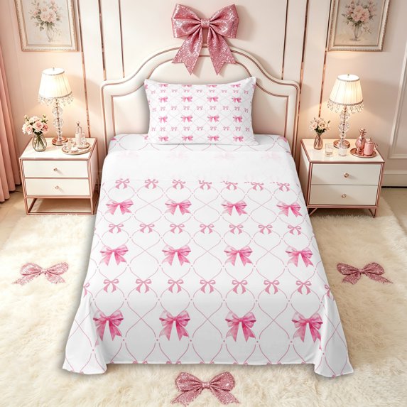 Manfei Girls Kawaii Ribbon Bowknot Twin Sheet Sets 3pcs,Kids Teens Geometric Plaid Bedding,Microfiber Bedroom Decor