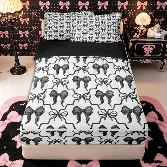 Manfei Girls Kawaii Ribbon Bowknot Zipper Twin Comforter Sets with Fitted Sheet and 2 Pillowcases,Geometric Plaid Zipper Bedding Set,4-Piece,Reversible