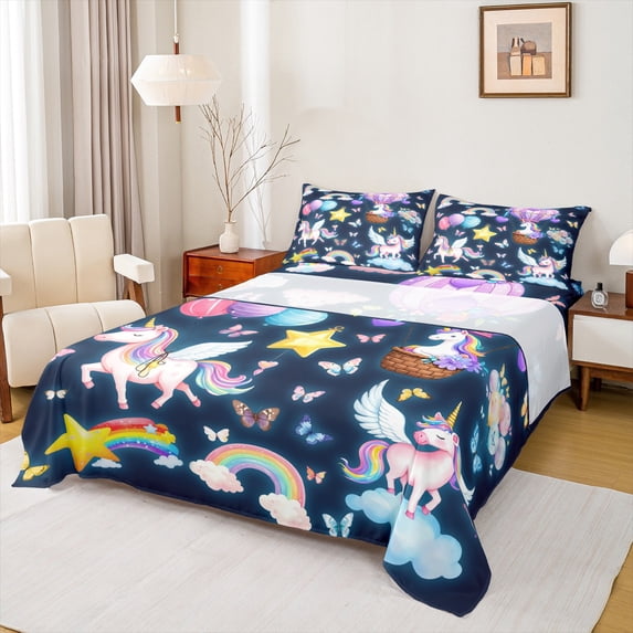 Manfei Girls Kawaii Unicorn 4pcs Bed Sheets for Kids Children, Magical Wildlife King Sheets, Chic Butterfly Star Rainbow Sheet Set, Microfiber Bedroom Decor