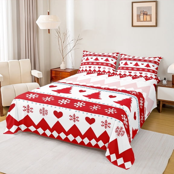 Manfei Girls Merry Christmas Full Size Sheets 4pcs, Red White Snowflake Heart Bed Sheets, Xmas Stripe Sheet Sets, Lightweight Room Decor