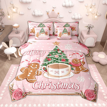 Manfei Girls Merry Christmas Twin Bedding Sets 7 Pieces, Gingerbread Xmas Tree Bedding Comforter Set, Pink Rose Blossom Snowflake Sheet Sets, Ultra Soft Home Decor