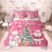 Manfei Girls Merry Christmas Twin Bedding Sets 7 Pieces, Pink Santa Claus Snowman Bedding Comforter Set, Xmas Tree Gifts Sheet Sets, Microfiber Bedroom Decor