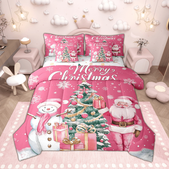 Manfei Girls Merry Christmas Twin Bedding Sets 7 Pieces, Pink Santa Claus Snowman Bedding Comforter Set, Xmas Tree Gifts Sheet Sets, Microfiber Bedroom Decor