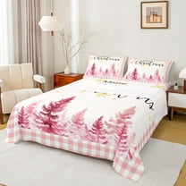 Manfei Girls Merry Christmas Twin Sheet Sets, Dreamy Xmas Tree Twin Fitted Sheet, Cute Pink Buffalo Plaid Flat Sheet, Microfiber Bedroom Decor 3-Piece