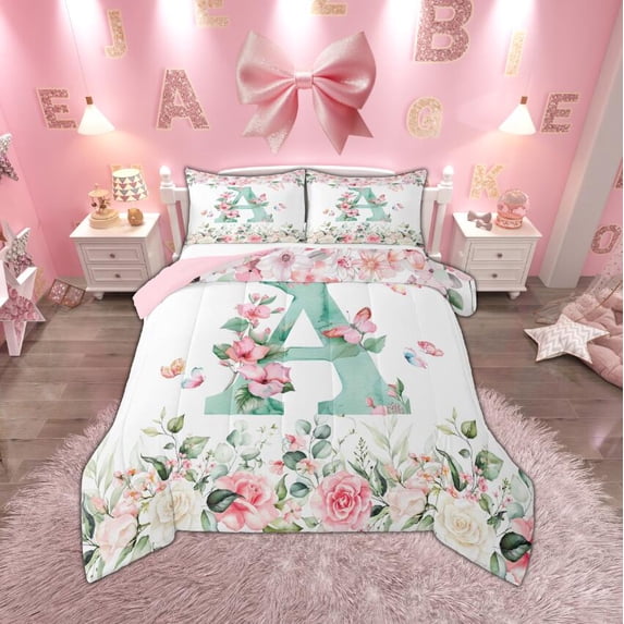 Manfei Girls Monogrammed Letter A Bedding Comforter Set, Chic Floral Twin Comforter Sets, Cute Butterfly Bedding Set, Super Cozy Bedroom Decor, Reversible 2 Pieces