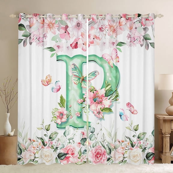 Manfei Girls Monogrammed Letter P Black Out Curtains, Chic Floral Curtains Pack of 2 (42x63 Each), Cute Butterfly Bedroom Curtains, Super Cozy Bedroom Decor